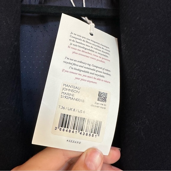 Sezane Manteau Johnson Coat in Marine Navy Blue Size 36 NEW NWT - Picture 5 of 10